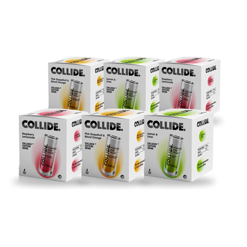 Collide Mixed 24 Pack: 24 single cans, 8 each of Raspberry Lemonade, Lemon & Lime and Pink Grapefruit & Blood Orange