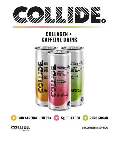 Collide Collagen + Caffeine Drink range: mid strength energy, 5g collagen, zero sugar
